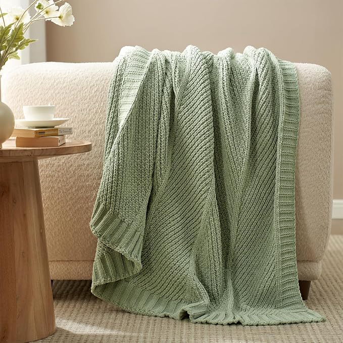 Knit Throw Blanket, Soft Chenille Cozy Breathable Chevron Chunky Decorative Blanket for Couch, Bed & Sofa, French-Inspired Lightweight Warm Gift for Women, Sage Green, 60"x80"