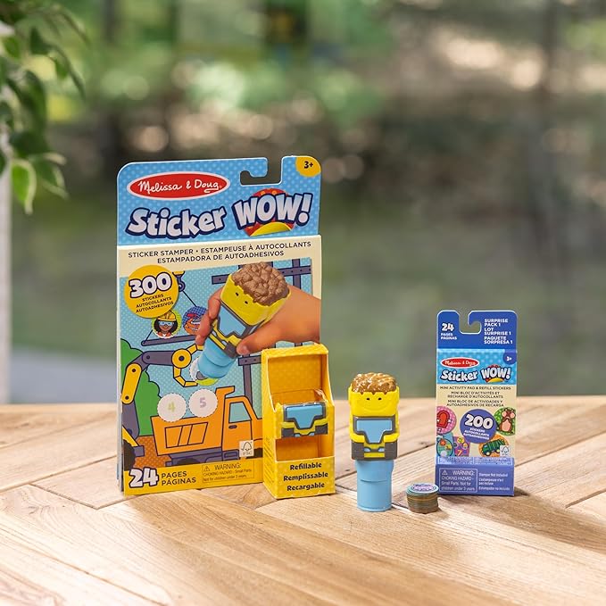 Melissa & Doug Sticker Wow!™ Bulldozer Bundle: 24-Page Activity Book, Refillable Sticker Stamper, Mini Pad, 500 Stickers, Arts and Crafts for Kids Ages 3+