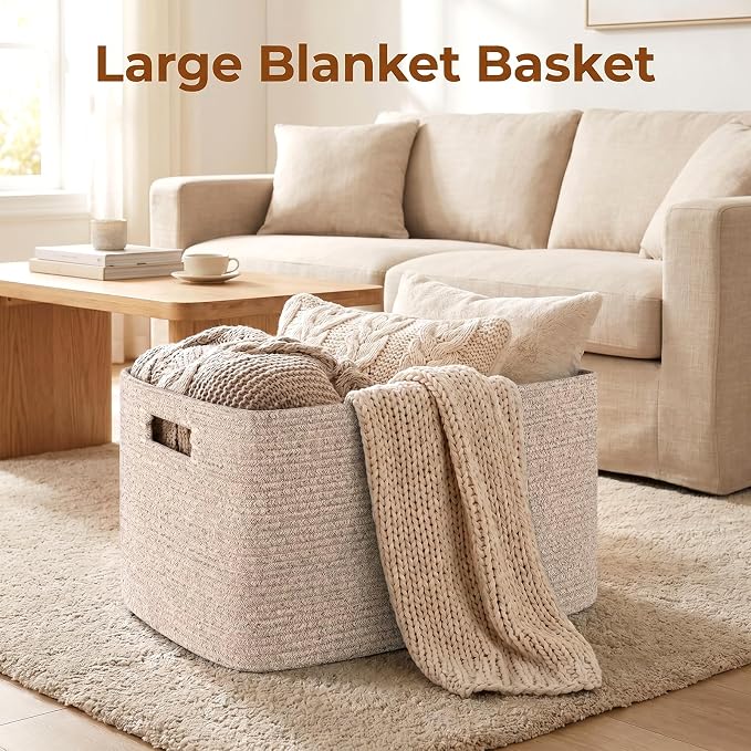 OIAHOMY 75L Large Blanket Basket, 22”x17”x12” Woven Cotton Rope Storage Basket with Handle for Organizing Blanket and Toys for Living Room, Nursery, Brown Variegated