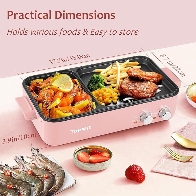 Topwit Hot Pot with Grill, Korean BBQ Grill, 2-in-1 Electric Pot | Nonstick Coating, Dual Temperature Control, Fast Heating, Ideal for Korean BBQ, Shabu Shabu, Noodles, Steaks and Family Meals
