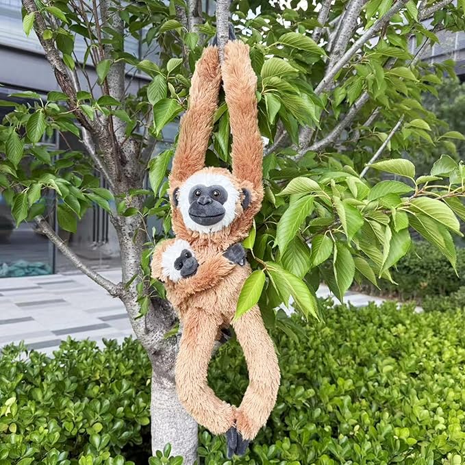 2pcs Monkey Hanging Stuffed Animal Mother with Baby Hangs Plush Toys, Hooks and Stuffed Animals with Rings for Kids 4-8, Gifts for Boys and Girls (Brown
