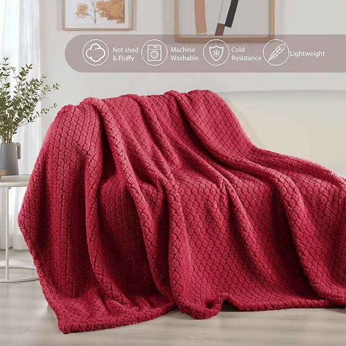 Exclusivo Mezcla Soft Fleece Throw Blanket for Couch, Deep Red | Jacquard Lightweight Cozy Throws for Bed, Sofa, Breathable Decorative Fuzzy Textured All Season Use, 50x60 Inches