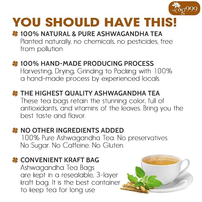 TOG999, Premium 120 Ashwagandha Root Tea Bags, 100% Natural & Pure, Ashwagandha Root Herbal Tea. No Sugar, No Caffeine, No Gluten, Vegan.
