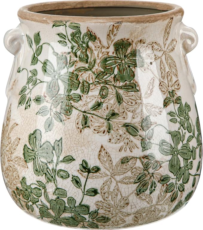 Ceramic Scroll Planter 6.5 Inch Chinoiserie Floral Vase with Drainage Holes Vintage Flower Vase Flower Pot Rustic Ceramic Pots for Indoor Plants Garden Home Bookshelf Decor(Double Green)