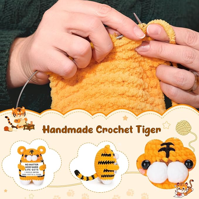 Funny Gifts for Women Men, Handmade Crochet Tiger for Friends Bosses Coworkers Couples Perfect Birthday Christmas Stocking Stuffer White Elephant Ideas Motivational Office Decor