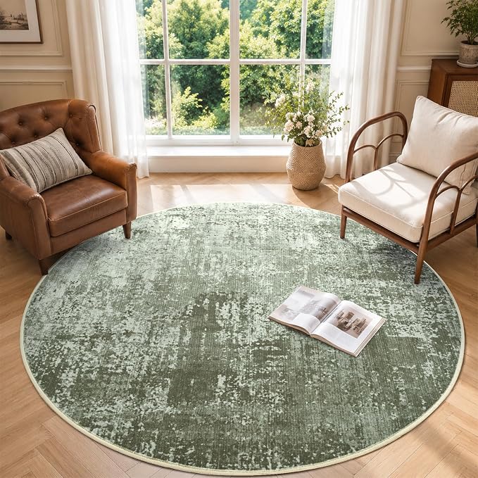 6Ft Round Area Rugs for Living Room, Soft Non-Slip Washable Rugs Modern Abstract Pattern Carpet for Bedroom Indoor Floor Nursery Home Decor (Green)