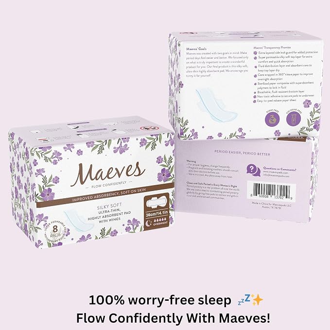 Maeves Pads Ultra Thin Extra Long Overnight Pads with Wings and for Extra Heavy Flow - 16 Counts (2 Packs of 8)