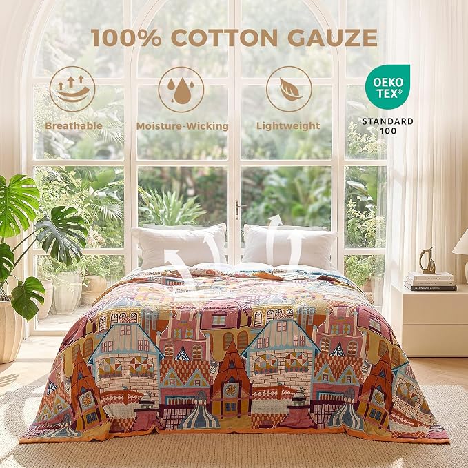LUTBM Boho Throw Blanket for Bed 60"x80", All Season Cotton Couch Blankets | Reversible Classical Architecture Jacquard, All-Season Twin Lightweight Quilt, For Chair Sofa Bedroom Living Room Decor