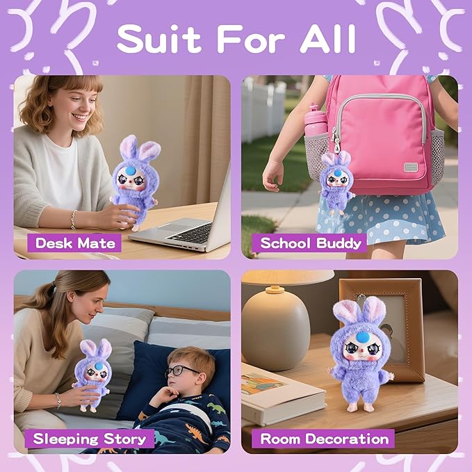 Vinyl Plush Doll, Stuffed Animals with Vinyl Face Lovely Vivid Expression for Girls Boys, Cute Popular Macaron Purple Kawaii Bunny Plush Toy Doll Gift for Collectibles Car Home Décor Birthday Keychain