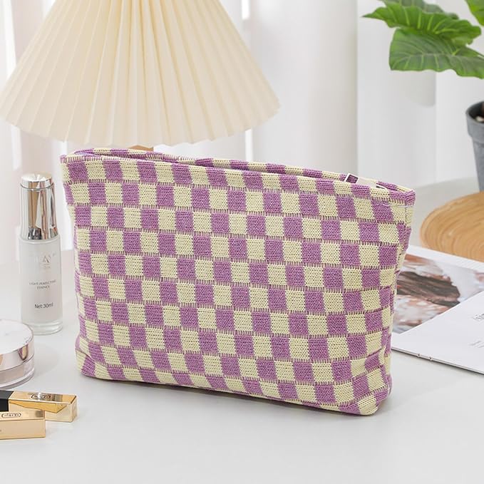 Cosmetic Bags for Women - Corduroy Cosmetic Bag Aesthetic Women Handbags Purses Smile Dots Makeup Organizer Storage Makeup Bag Girls Case Bags (Q-Checkered purple)