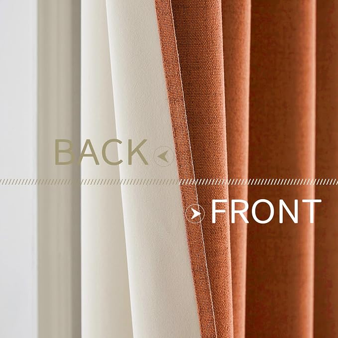 MIULEE Linen Curtains for Bedroom 100% Blackout Thermal Insulated Orange Grommet Room Darkening Curtains & Drapes Fall Decor for Living Room 52 x 90 Inch (2 Panels)