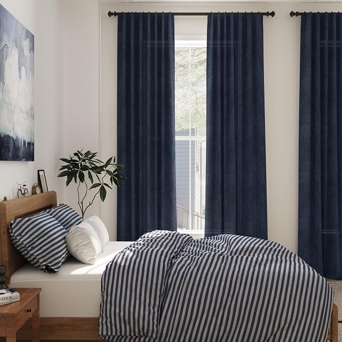 Navy Blue Curtains 84 inch Length for Bedroom Back Tab Rod Pocket Modern Nautical Farmhouse Decor Slub Linen Textured Dark Blue Semi Sheer Window Curtains 2 Panels Set for Dining Room Office Indigo