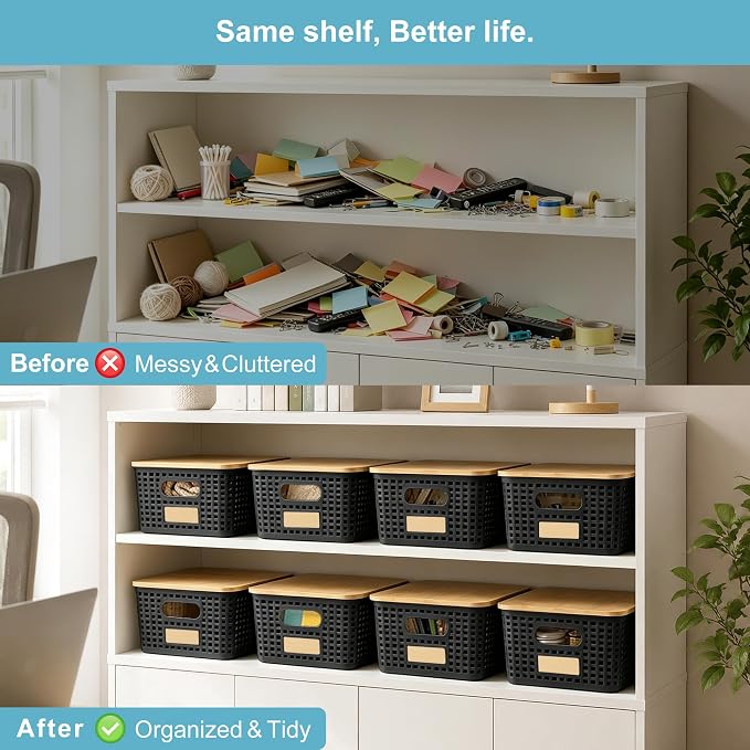 Small Plastic Storage Bins with Bamboo Lids 5.2qt Stackable Box Basket Pantry Decorative Containers Cute with Lable for Organizing Desktop Closet Office Black of 6 packs 10 * 7.2 * 4.1"
