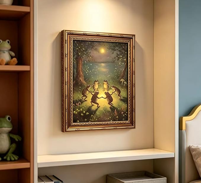 Vintage Gold Framed Frog Wall Art,Frogs Dancing in Moonlight Forest Painting Canvas Prints,Whimsical Animal Wall Decor,Retro Country Toad Poster Artwork for Corridor Living room Bedroom Kitchen