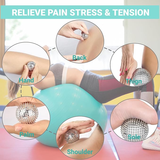 Magnetic Balls, Silver Massage Balls - 1 Pair, Adults & Kids Relief for Pain & Stress, Spiky & Acupuncture Massage for Hands