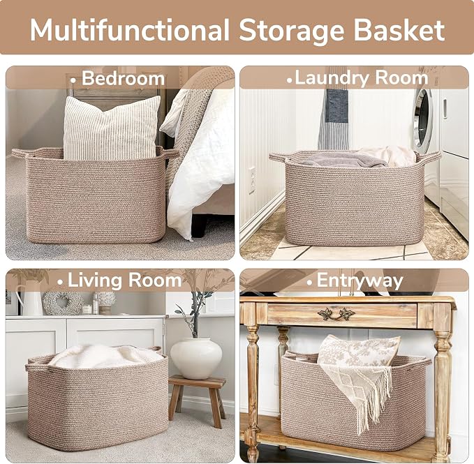 Goodpick 85L Large Woven Rope Blanket Basket, Rectangle, Brown | 23.6'' x 15.7'' x 13.8'' Storage Basket for Blankets, Toys & Clothes, Living Room & Bedroom Organization, Reinforced Handles
