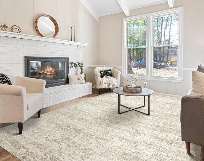 UERMEI 7x9 Area Rug Living Room Rugs - Washable Neutral Modern Abstract Soft Thin Rug Indoor Floor No Slip Rug Carpet for Bedroom Under Dining Table Home Office Decor - Beige/Brown