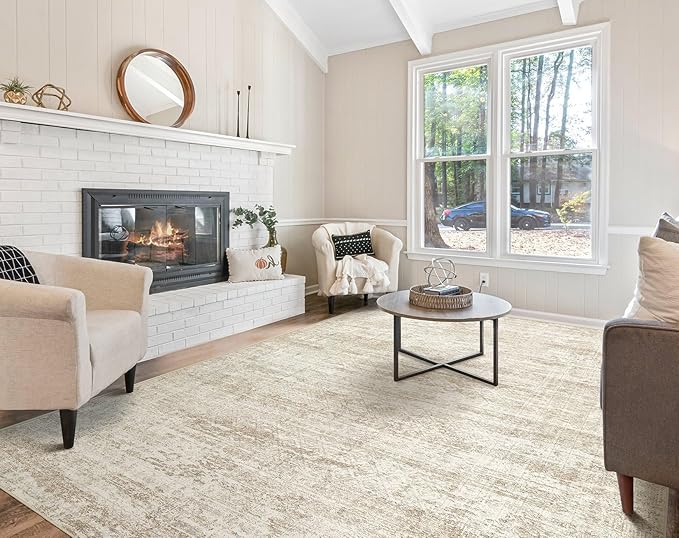 UERMEI 9x12 Washable Area Rug - Neutral Modern Abstract Living Room Rugs, Non-Slip Soft Large Indoor Floor Carpet for Bedroom Home Office & Under Dining Table Decor, Beige/Brown