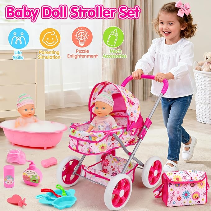 Baby Doll Stroller Set Toys for Girls Toddlers 3-5 4-6 5-7, Baby Doll Playset with 12.5 inch Doll, Bathtub and 20PCS Baby Doll Accessories, Baby Stroller Toys for 3 4 5 6 Year Old Girls Birthday Gift