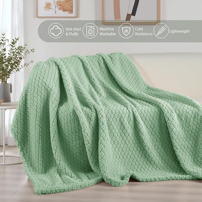 Exclusivo Mezcla Soft Fleece Throw Blanket for Couch, Sage Green | Jacquard Lightweight Cozy Throws for Bed, Sofa, Breathable Decorative Fuzzy Textured All Season Use, 50x60 Inches