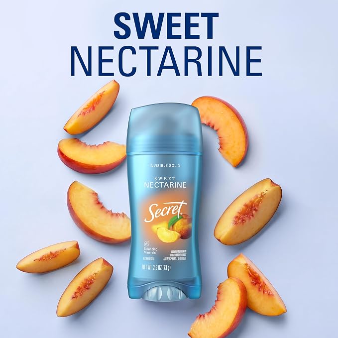 Secret Fresh Antiperspirant Deodorant for Women, 72hr Breathable Sweat & Odor Protection, Instant Freshness & Gentle, PH Balancing Minerals, Invisible Solid, Sweet Nectarine Scent, 2.6 oz