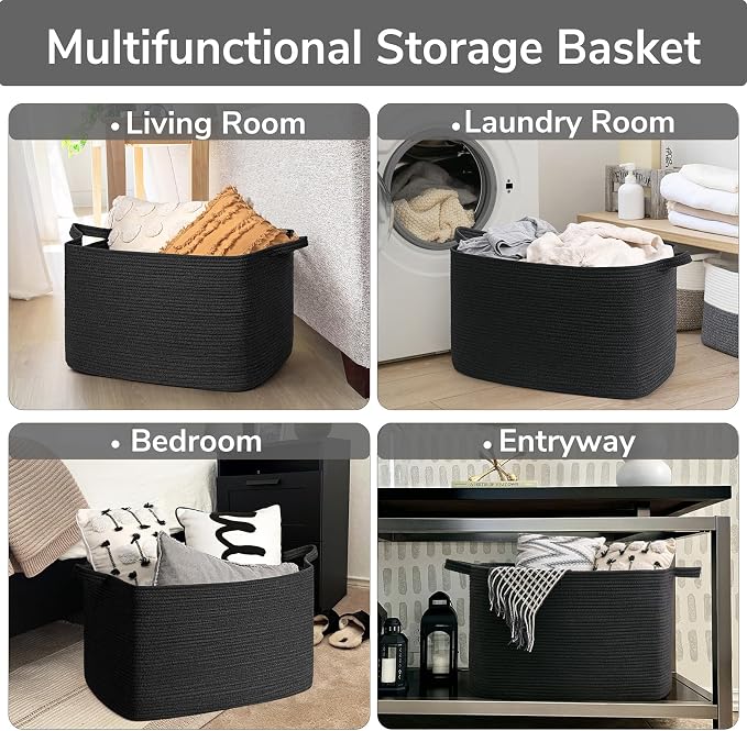 Goodpick 85L Large Woven Rope Blanket Basket, Rectangle, Black | 23.6'' x 15.7'' x 13.8'' Storage Basket for Blankets, Pillows & Toys, Living Room & Bedroom Organization, Reinforced Handles