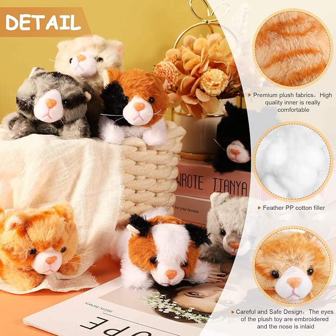 Sumind 8 Pcs Cat Stuffed Animals Bulk Plush Pets 5 Inch Cute Assorted Plush Cats Horse for Birthday Halloween Christmas Party Favors Favors(Lying Cat)