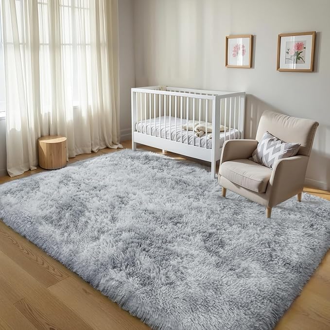 KICHOWUA 5x8 Thick Light Grey Fluffy Shag Rug for Bedroom, Plush Washable | Area Rug for Living Room, Kids Nursery, Dorm Room, Non Slip Shaggy Carpet