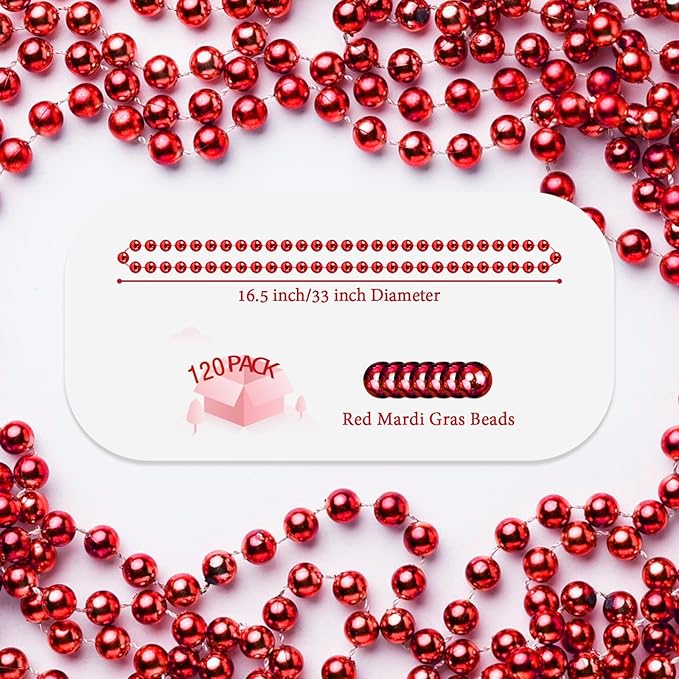 YAXINRUI 120 PCS Red Bead Necklaces, Red Mardi Gras Beads Christmas Necklace, Valentine Necklaces, 33 Inch Round Beaded Necklace for Mardi Gras Christmas Valentine Festive Events, Party Favors