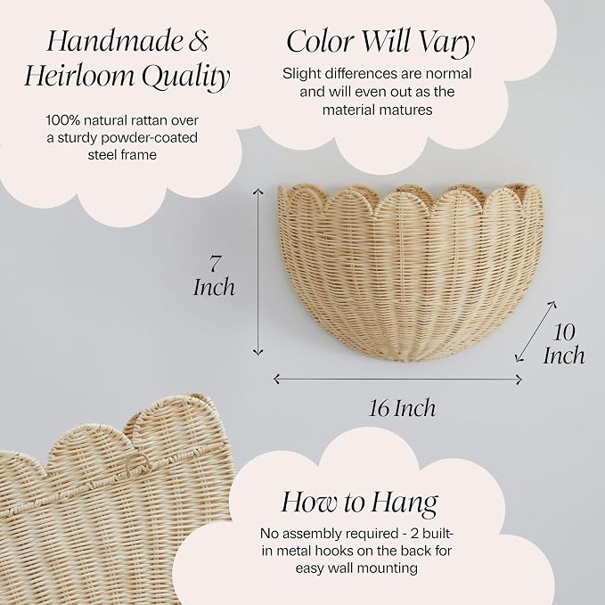 BEBE BASK Scalloped Wicker Wall Basket - The Original - 16 x 10 x 7 In | Handwoven Basket, Scalloped Décor Wall Hanging Baskets, Hanging Wall Basket, Rattan Wall Storage Basket for Home (Natural)