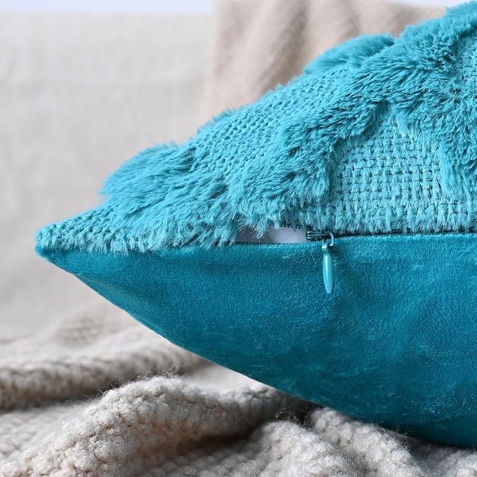 Set of 2 Soft Moroccan Throw Pillow Covers 16x16 Inch Plush Boho Decorative Pillow Cover Accent Cushion Case for Couch Sofa Bed, Teal