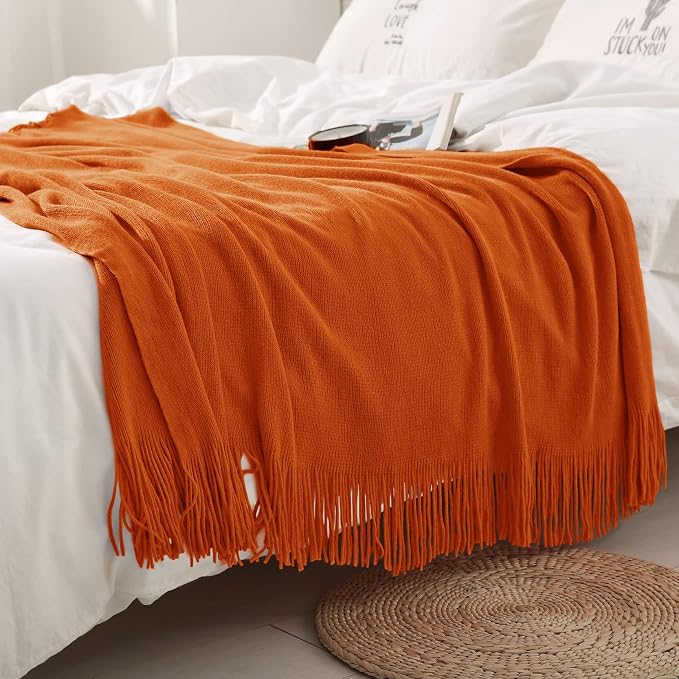 Homiest Dark Orange Knitted Throw Blanket with Fringe, 50x60 Inch | Pure Acrylic, Lightweight & Breathable, All-Season Use, Machine Washable, Wrinkle & Fade Resistant, for Couch Sofa And Bed