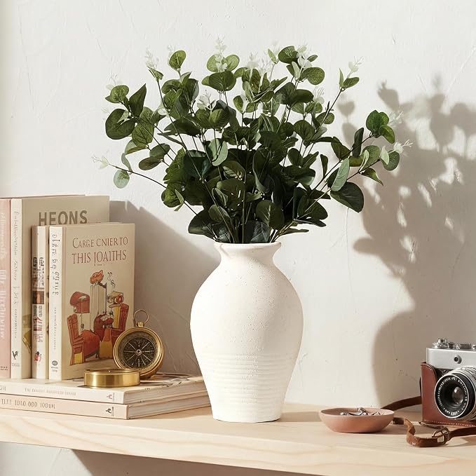 Ceramic Rustic Farmhouse Vase, 9.2 inch Whitewashed Terracotta Vase | Ceramic Vintage Flower Vases,Table Decorative Vases for Home Decor Table Living Room Shelf Mantel Decoration(Off-White)