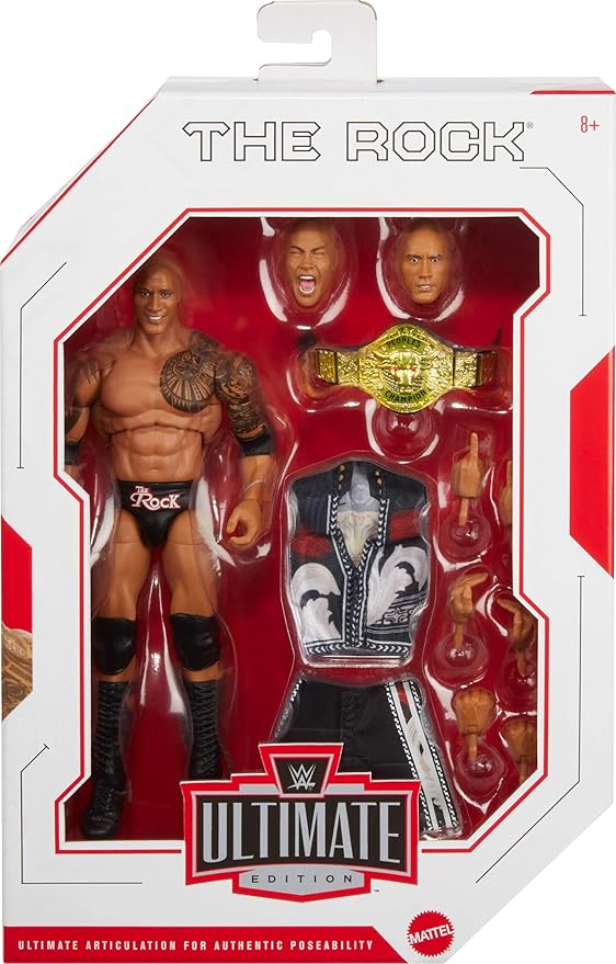 Mattel WWE Ultimate Edition Action Figure & Accessories, 6-inch The Rock Collectible Set, Swappable Heads & Hands, 30 Articulation Points