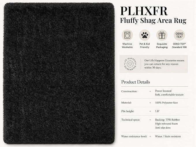 8x10 Area Rugs for Living Room Bedroom: Soft Fluffy Black Shag Upgrade Non-Slip High Pile Carpet Large Fuzzy Plush Indoor Floor Decor Shaggy Rug for Kid Boys Girls Dorms Playroom Nursery Modern Home