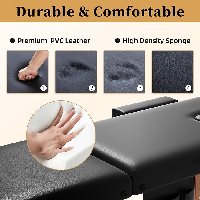 civama Massage Table Massage Bed Portable, 29 LBs Light Weight 2 Section Foldable Tattoo Bed Facial Care Spa Lash Bed Height Adjustable Sturdy Wooden Frame with Accessories Carrying Bag, Black