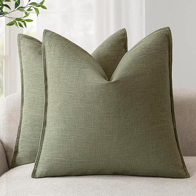 Foindtower Pack of 2, Decorative Linen Solid Throw Pillow Covers Soft Accent Cushion Case Farmhouse Neutral Pillowcase for Chair Couch Sofa Bedroom Living Room Home Decor 26x26 Inch Olive Branch Green