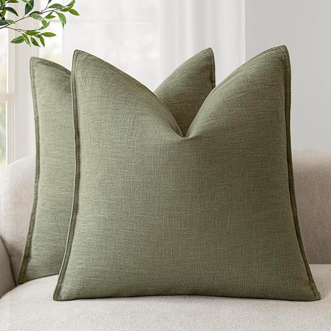 Foindtower Pack of 2, Decorative Linen Solid Throw Pillow Covers Soft Accent Cushion Case Farmhouse Neutral Pillowcase for Chair Couch Sofa Bedroom Living Room Home Decor 20x20 Inch Olive Branch Green