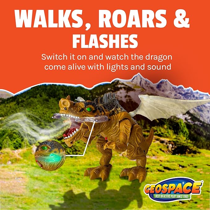 Geospace New Dragon Walking Dinosaur Toy – Smoke Breathing Fire Dragon Toy for Kids 3 & up, Walking Dinosaur Toys with Lights, Roaring Sound, Dragons Action Figure, Dragons for Gift (Bull Dragon)