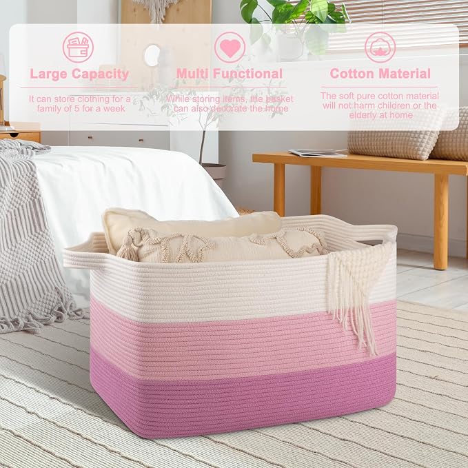 OIAHOMY Extra Large Blanket Basket, 95L Cotton Rope Woven Laundry Basket, Toy Bin for Baby Room, Container for Blanket Storage in Living Room, 24''×17''×14'', Gradient Pink