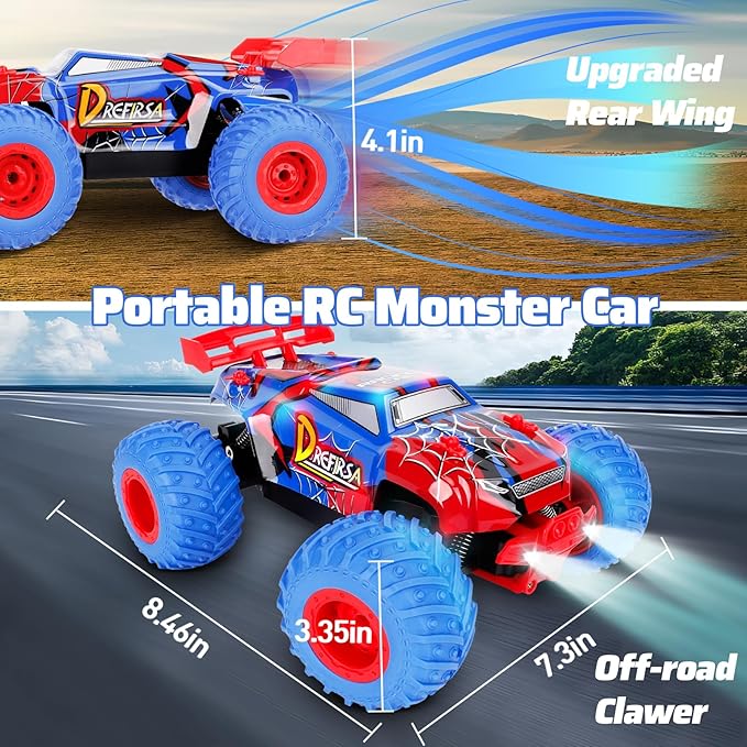 1:18 Spider Remote Control Car for Boys Age 6-12, 20Mph All Terrian Remote Control Monster Truck with Colorful Bodylight, Headlight and High Torque Motor, Birthday Toy Gift for RC Beginners