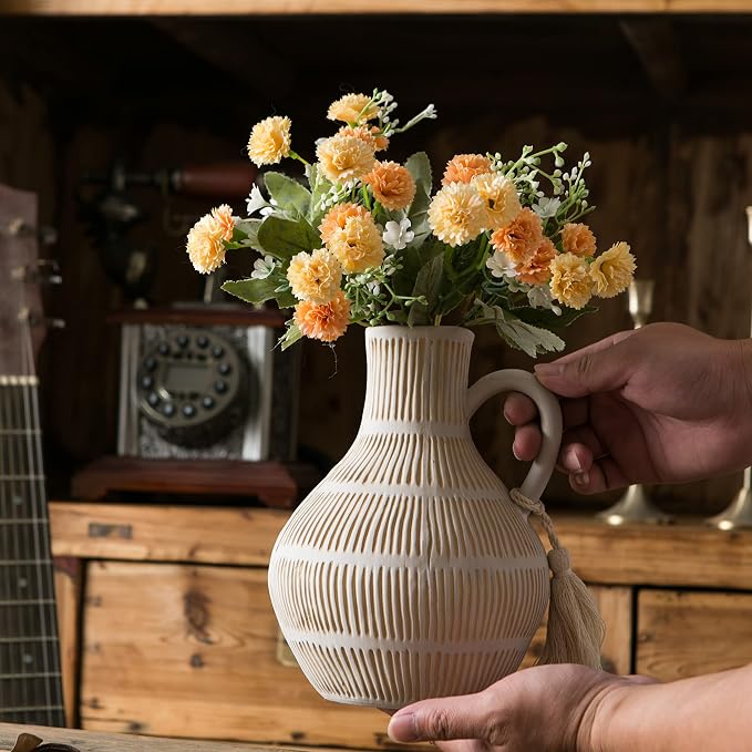 Mowtanco Rustic Ceramic Vase for Home Decor, Farmhouse Decorative Vases for Pampas Grass, Terracotta Vase with Tassel Design, Handle Flower Vase, Clay Vase for Living Room Decoration, 8 inch Tall