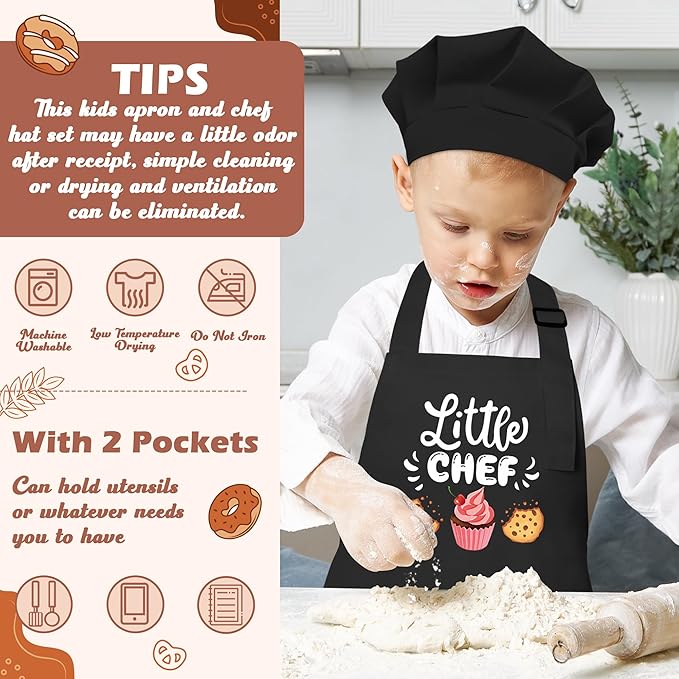 R HORSE Kid Apron and Chef Hat Set - 2Pcs Black Little Chef Adjustable Children Kitchen Toddler Apron with Pockets for Kids, Funny Dress up Pretend Play Toy Birthday Gift for Cooking Baking Painting