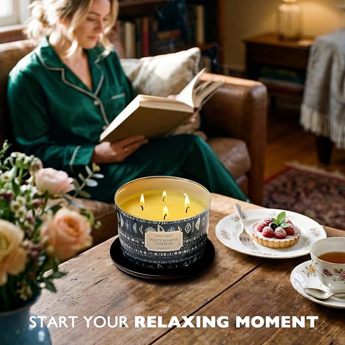 HomeLights Scented Candles for Women & Men, 18oz Candle Jars Aromatherapy 4-Wick Candle, Ideal for Bohemian Natural Textures Home Decor and Gifts, White Jasmine Tuberose