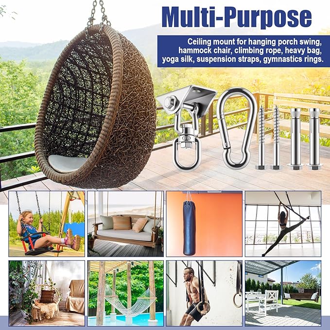 Tandefio 6 Sets of Robust Swing Hangers for Wooden Concrete Set with Hook Screw Bolt Washer 360 Swivel Stainless Steel Swingset Accessory for Porch Patio Yoga Indoor Outdoor, 2000 LB Capacity, Silver