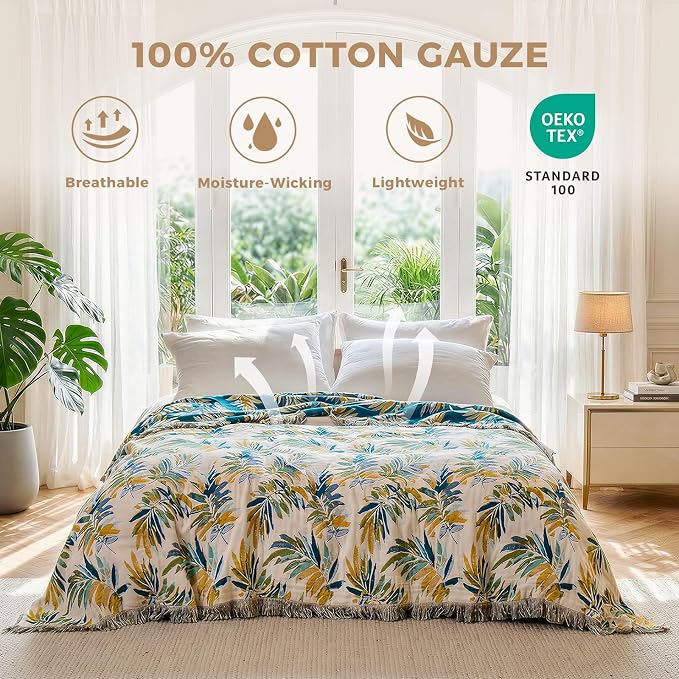 LUTBM Boho Throw Blanket for Couch 50"x60", Cotton Decorative Bed Throws | Reversible Leaves Jacquard, All-Season Lightweight Soft Blanket, For Chair Sofa Bedroom Living Room Decor, Home Accent Gift