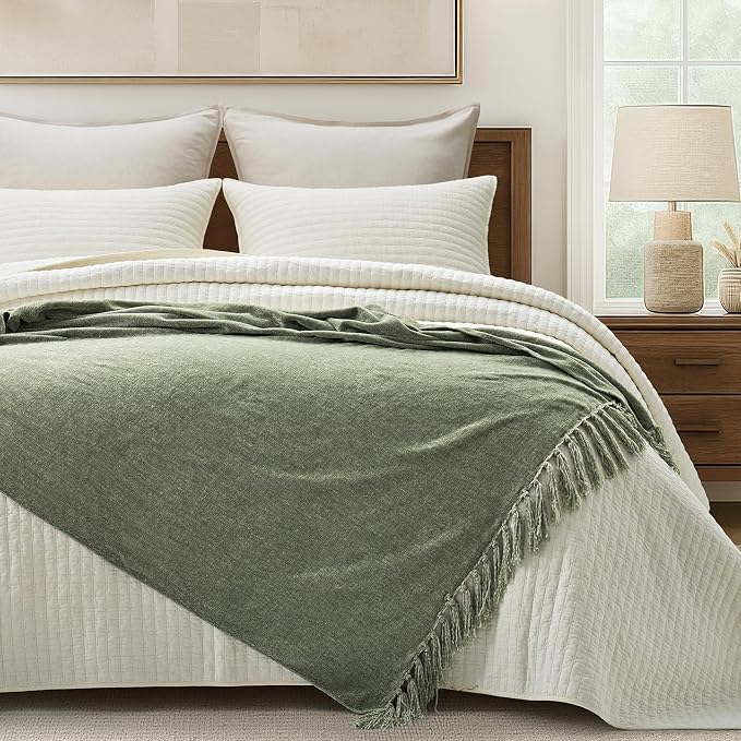 Chenille Knit Throw Blanket for Couch, 50"x60", Sage Green | Cozy Plush Fuzzy Knittd Throw with Tassels, Lightweight, Decorative, Farmhouse Decor, Ideal for Bed Sofa Gift, All Seasons