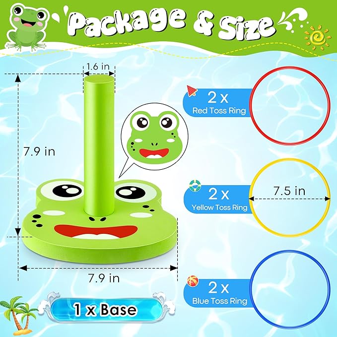 Hiboom Pool Ring Toss Games Toys, Swimming Pool Games for Adults and Family with 6 Pcs Throwing Rings, Water Foam Toss Float Toys for Summer Outdoor, Beach, Yard, Party(Frog)