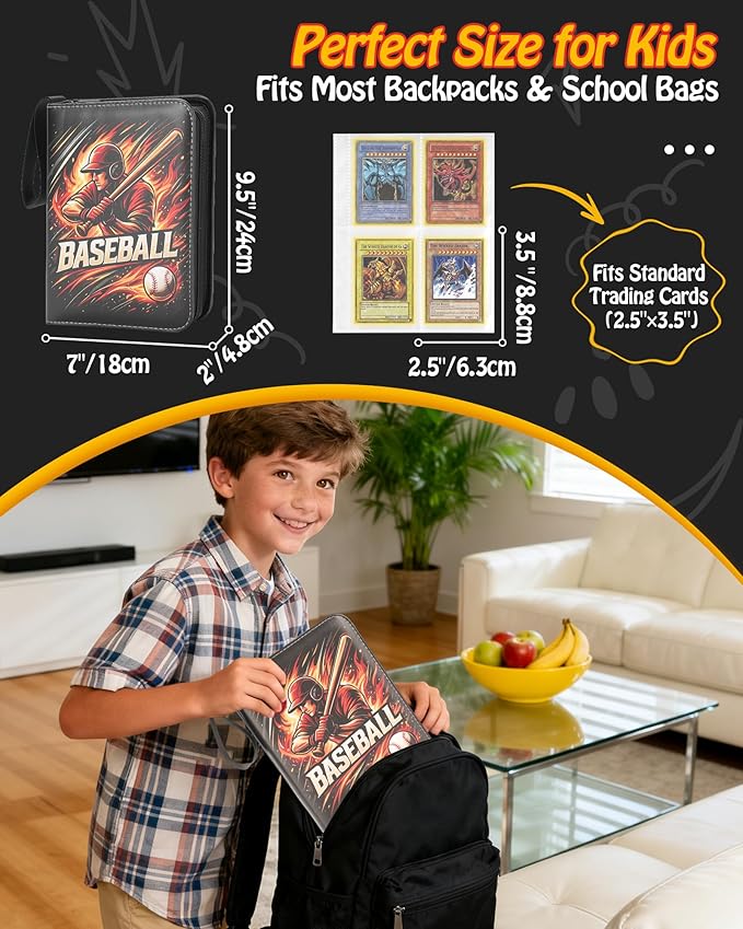 Best baseball card binder 4-Pocket holds 480 cards, 120 pages side-loading, PU leather zip waterproof cover, acid-free pages, for home storage & card shows, baseball cars binder, gift kids boys girls!