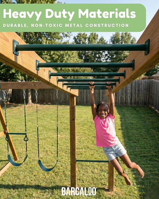 Barcaloo 22 Inch Monkey Bars for Backyard - Green Powder Coated Indoor Monkey Bar Kit for Kids - Set of 6 Outdoor Playground Accesories with Mounting Plates